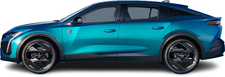 Фотография Peugeot e-408 58 kWh (2024-…) сбоку на прозрачном фоне