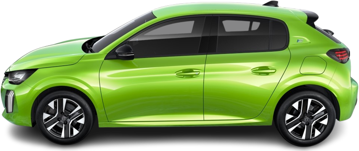 Фотография Peugeot e-208 51 kWh (2023-…) сбоку на прозрачном фоне