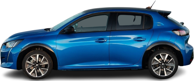 Фотография Peugeot e-208 50 kWh (2021-2023) сбоку на прозрачном фоне