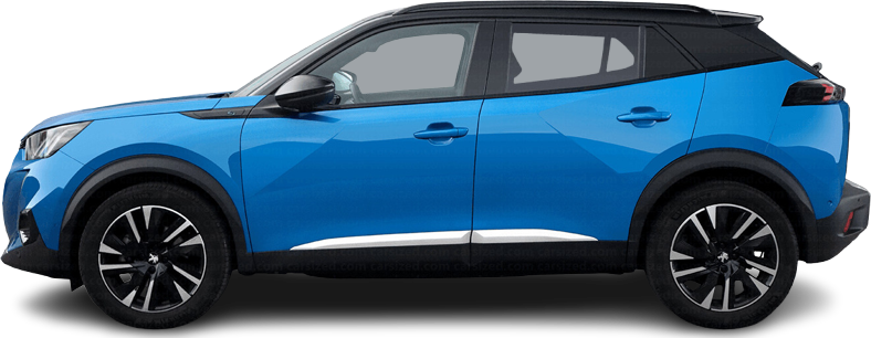 Фотография Peugeot e-2008 50 kWh (2021-2023) сбоку на прозрачном фоне