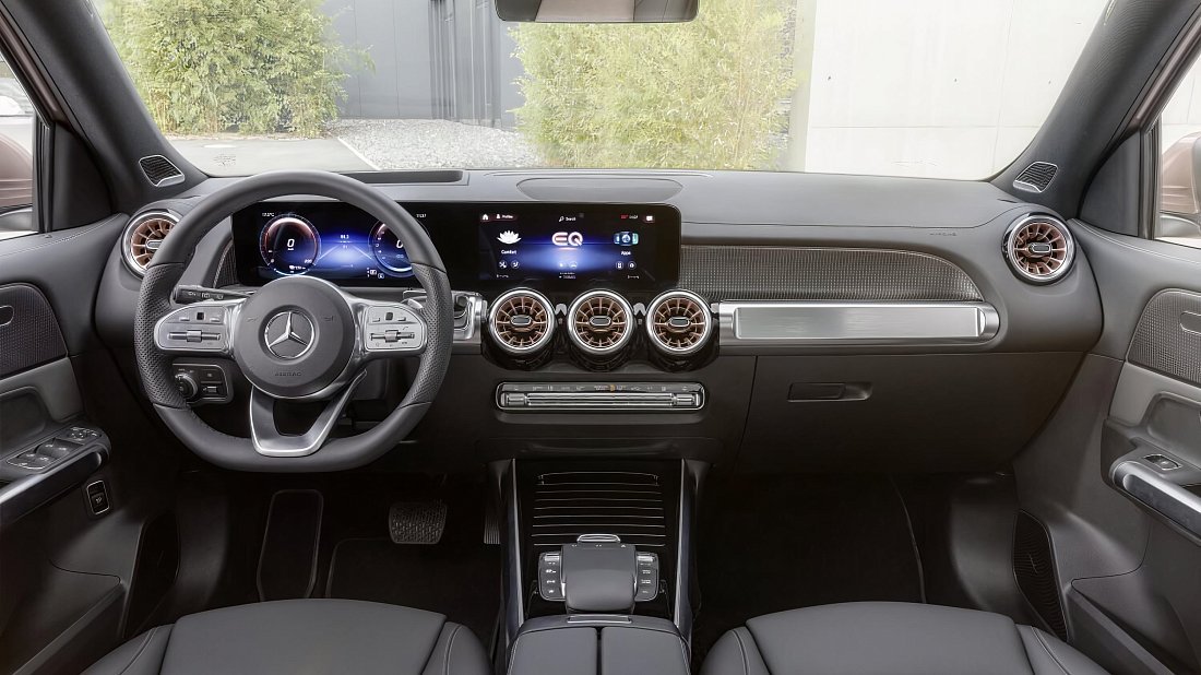 Mercedes EQB 350 4MATIC (2022-2023) интерьер, переднее сиденье, водительское сиденье, приборная панель, рулевое колесо, информационно-развлекательная система, кокпит