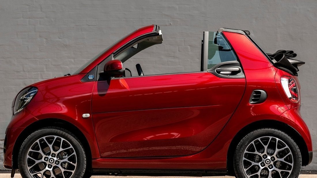 Smart EQ fortwo cabrio (2020-2023) вид сбоку, силуэт, двери, колеса, экстерьер