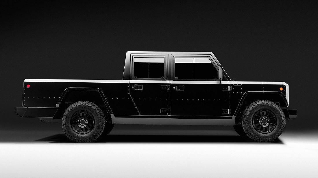 Bollinger Motors B2 120 kWh вид сбоку, силуэт, двери, колеса, экстерьер