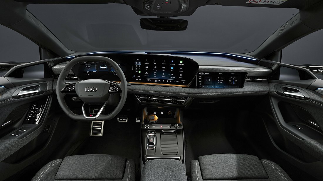Audi A6 Sportback e-tron quattro (2024-…) интерьер, переднее сиденье, водительское сиденье, приборная панель, рулевое колесо, информационно-развлекательная система, кокпит