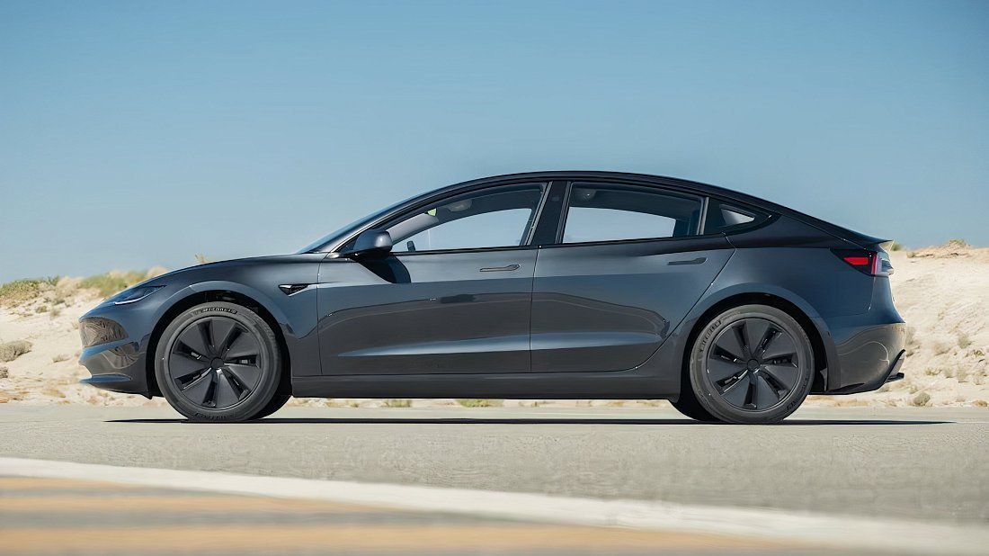 Tesla Model 3 RWD (2023-…) вид сбоку, силуэт, двери, колеса, экстерьер