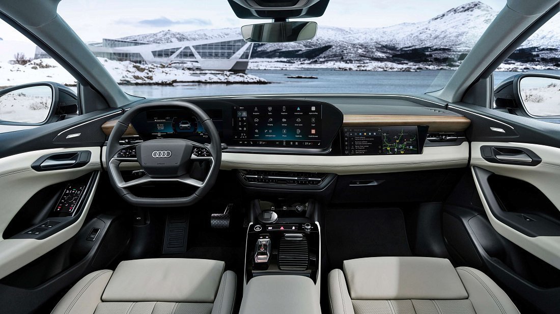 Audi Q6 e-tron quattro (2024-…) интерьер, переднее сиденье, водительское сиденье, приборная панель, рулевое колесо, информационно-развлекательная система, кокпит