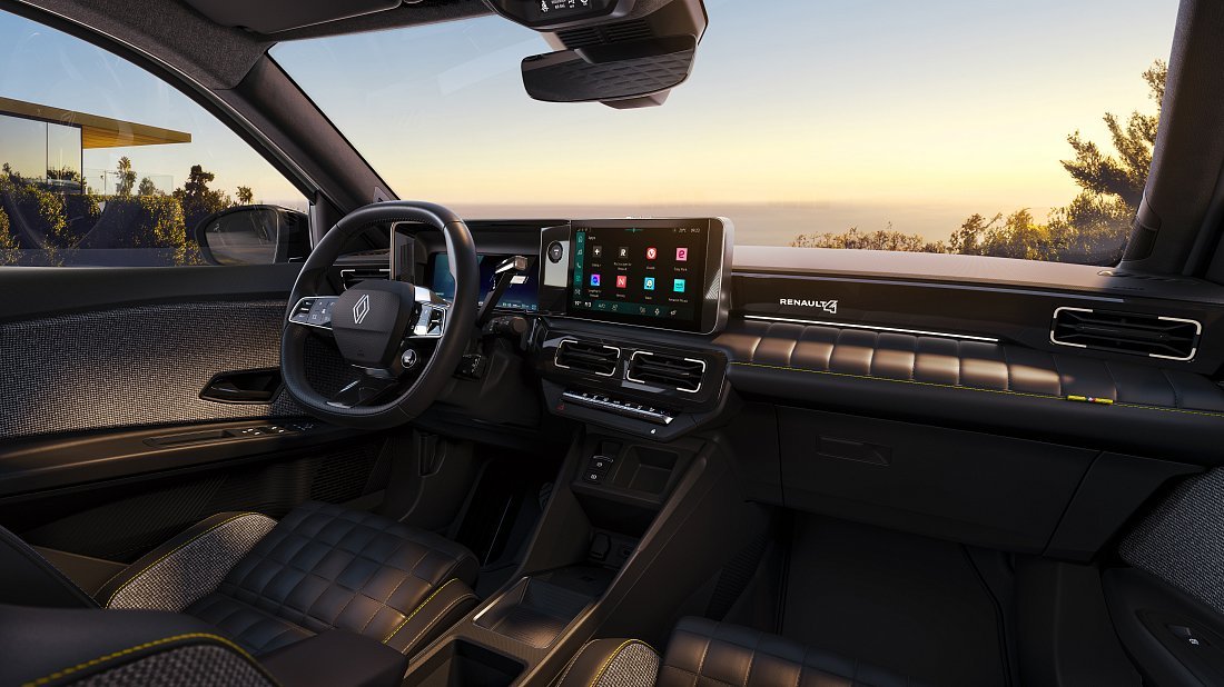 Renault 4 E-Tech EV52 150hp (2025-...) интерьер, переднее сиденье, водительское сиденье, приборная панель, рулевое колесо, информационно-развлекательная система, кокпит
