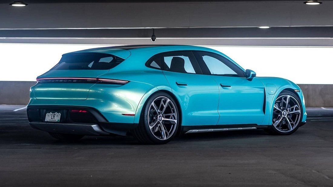 Porsche Taycan Turbo Sport Turismo (2022-2024) задняя часть в три четверти, вид в три четверти, диагональ, экстерьер