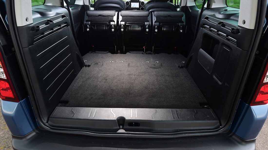 Citroën e-Berlingo Multispace (2017-2020) багажник, увеличенный объем, сиденья сложены, максимальный объем, максимальный груз, максимальная вместимость, максимальное пространство для хранения