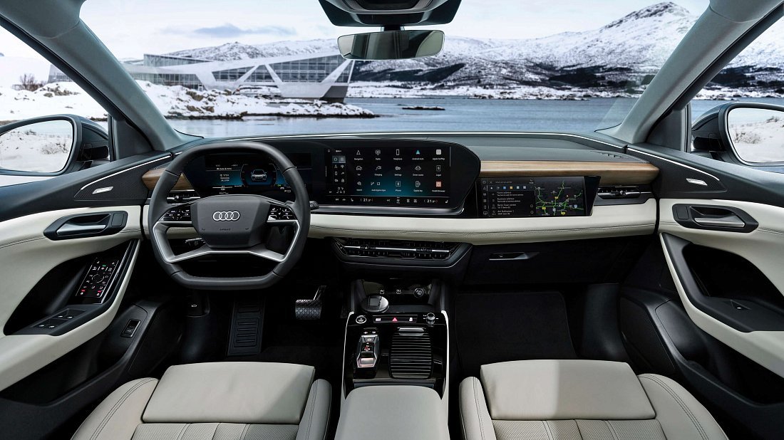 Audi Q6 e-tron Performance (2024-…) интерьер, переднее сиденье, водительское сиденье, приборная панель, рулевое колесо, информационно-развлекательная система, кокпит
