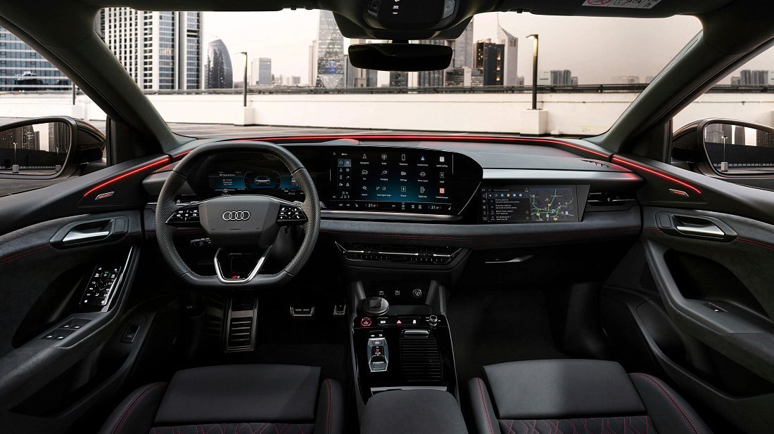 Audi SQ6 e-tron (2024-…) интерьер, переднее сиденье, водительское сиденье, приборная панель, рулевое колесо, информационно-развлекательная система, кокпит