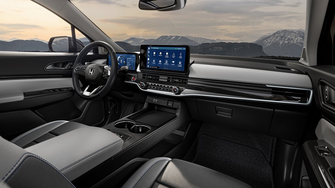 Honda Prologue AWD (2025-...) интерьер, переднее сиденье, водительское сиденье, приборная панель, рулевое колесо, информационно-развлекательная система, кокпит
