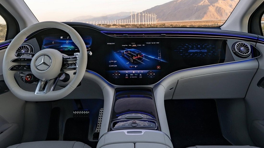 Mercedes EQE SUV AMG 53 4MATIC+ (2023-…) интерьер, переднее сиденье, водительское сиденье, приборная панель, рулевое колесо, информационно-развлекательная система, кокпит