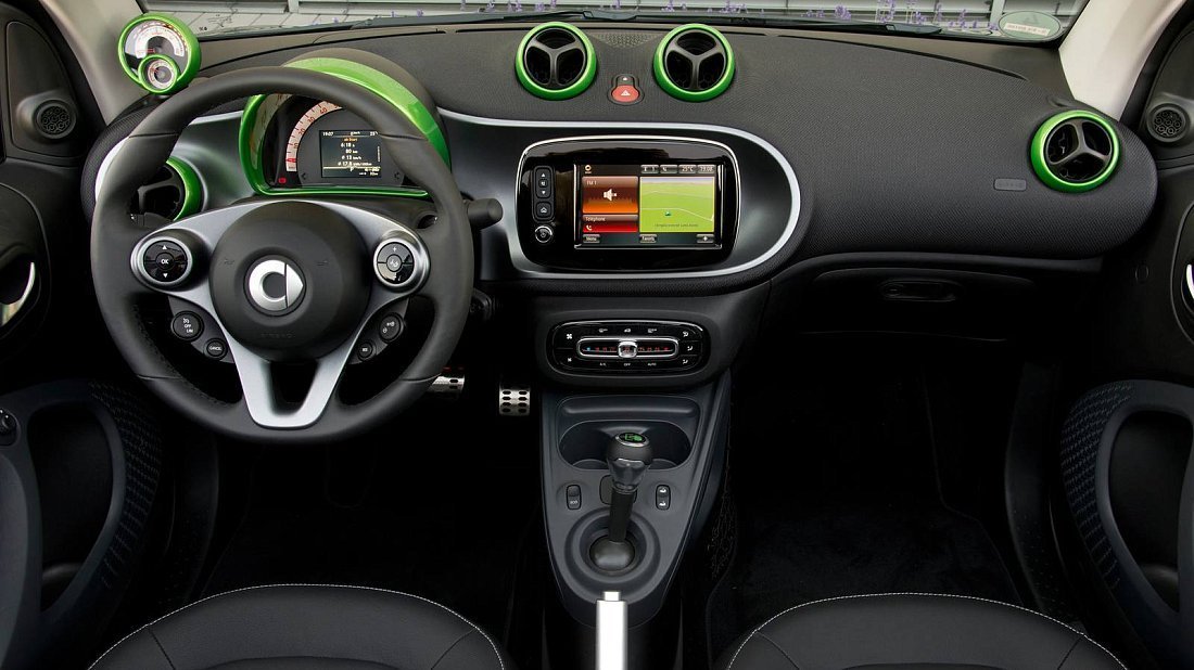 Smart EQ fortwo coupe (2017-2019) интерьер, переднее сиденье, водительское сиденье, приборная панель, рулевое колесо, информационно-развлекательная система, кокпит