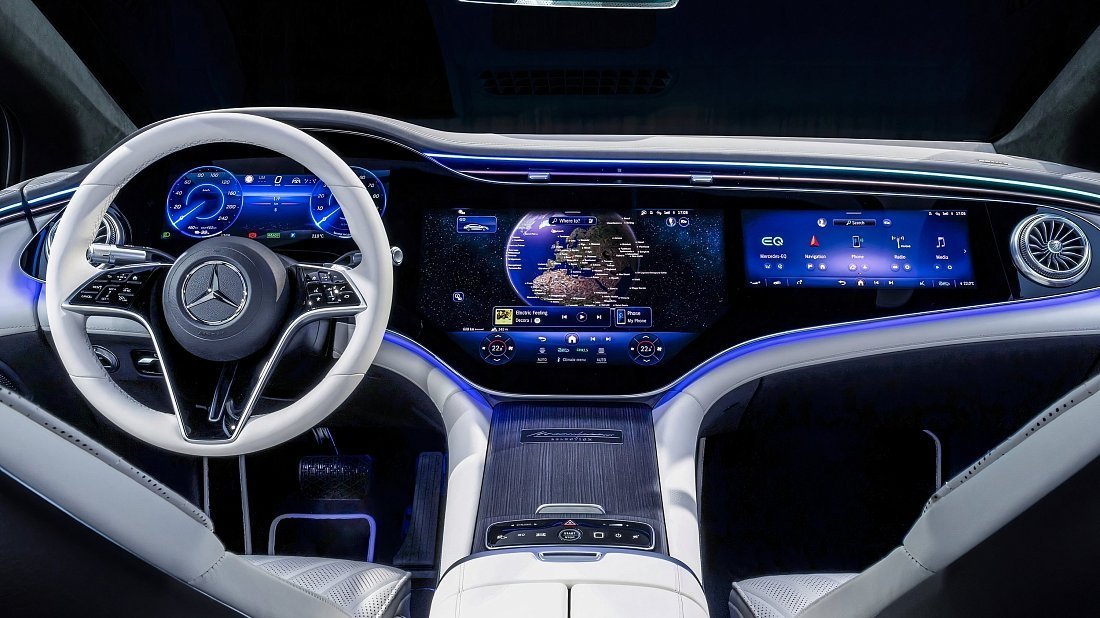 Mercedes EQS 580 4MATIC (2024-…) интерьер, переднее сиденье, водительское сиденье, приборная панель, рулевое колесо, информационно-развлекательная система, кокпит