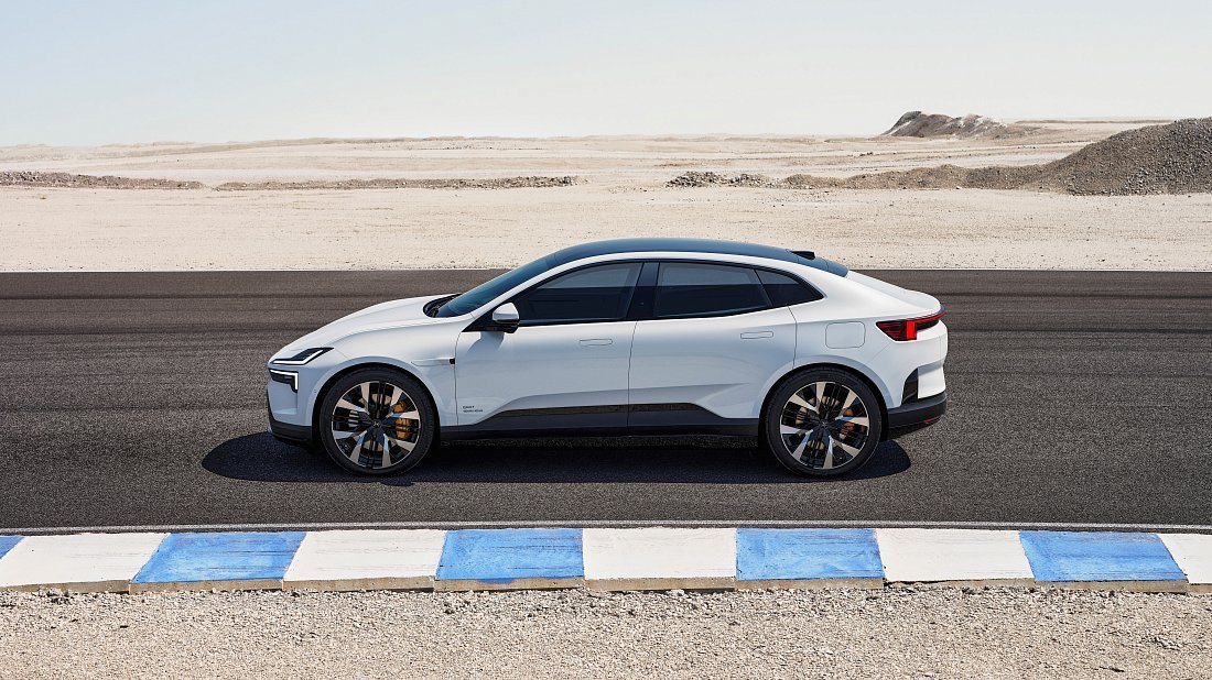 Polestar 4 Long Range Single Motor (2024-…) вид сбоку, силуэт, двери, колеса, экстерьер