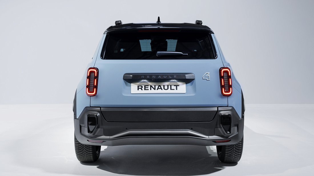 Renault 4 E-Tech EV40 120hp (2025-...) вид сзади, задние фонари, багажник, спойлер, эмблема, бампер, экстерьер