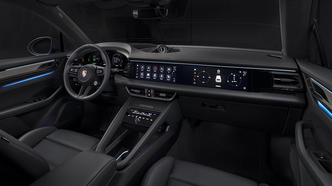 Porsche Macan 4S Electric (2024-…) интерьер, переднее сиденье, водительское сиденье, приборная панель, рулевое колесо, информационно-развлекательная система, кокпит