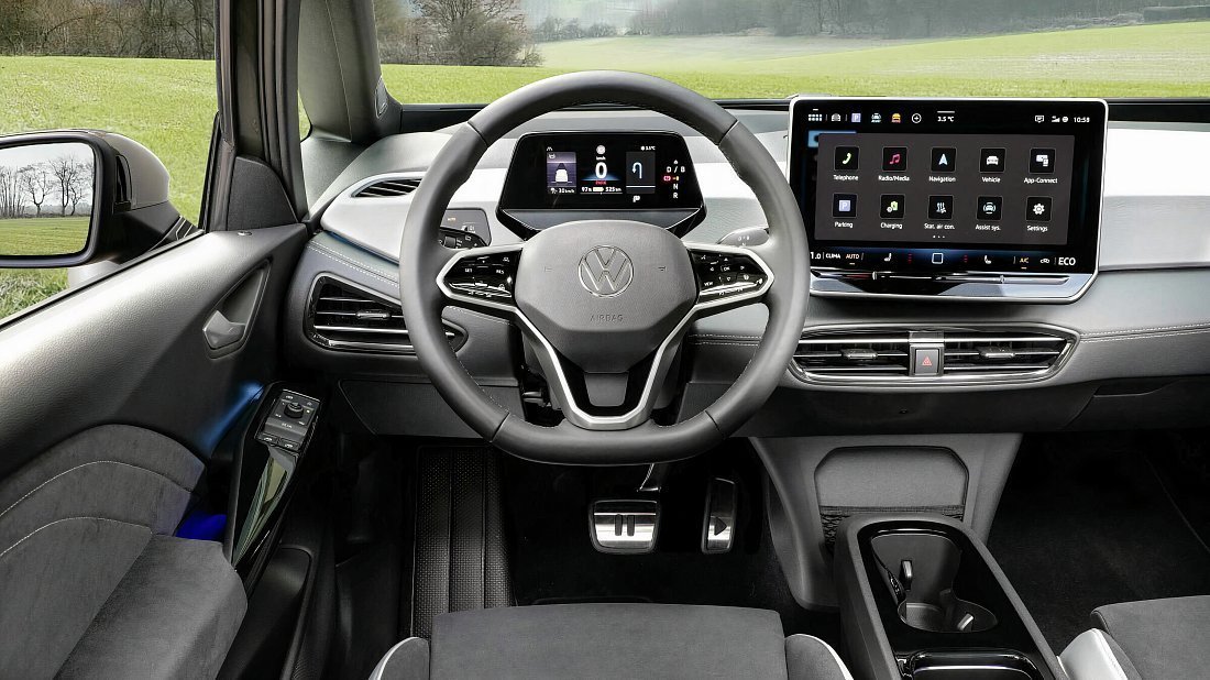 Volkswagen ID.3 Pro (2023-2024) интерьер, переднее сиденье, водительское сиденье, приборная панель, рулевое колесо, информационно-развлекательная система, кокпит