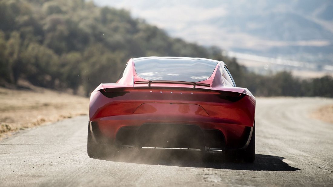 Tesla Roadster 2025 вид сзади, задние фонари, багажник, спойлер, эмблема, бампер, экстерьер