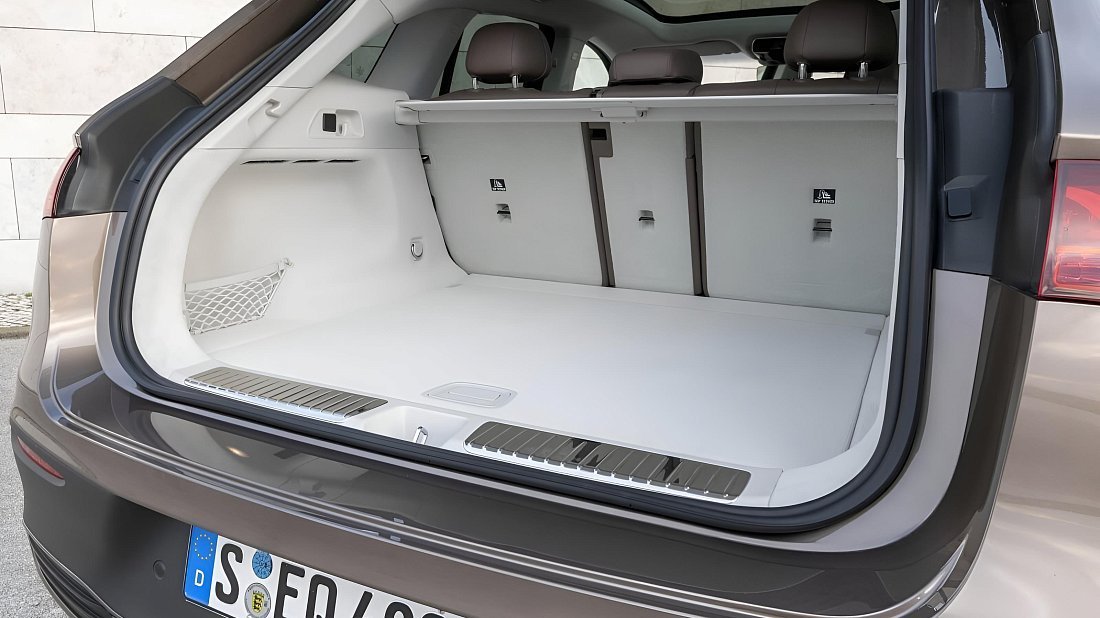 Mercedes EQE SUV 300 (2023-…) багажник, сиденья подняты, грузовое пространство, объем багажника, вместимость багажника, место для хранения