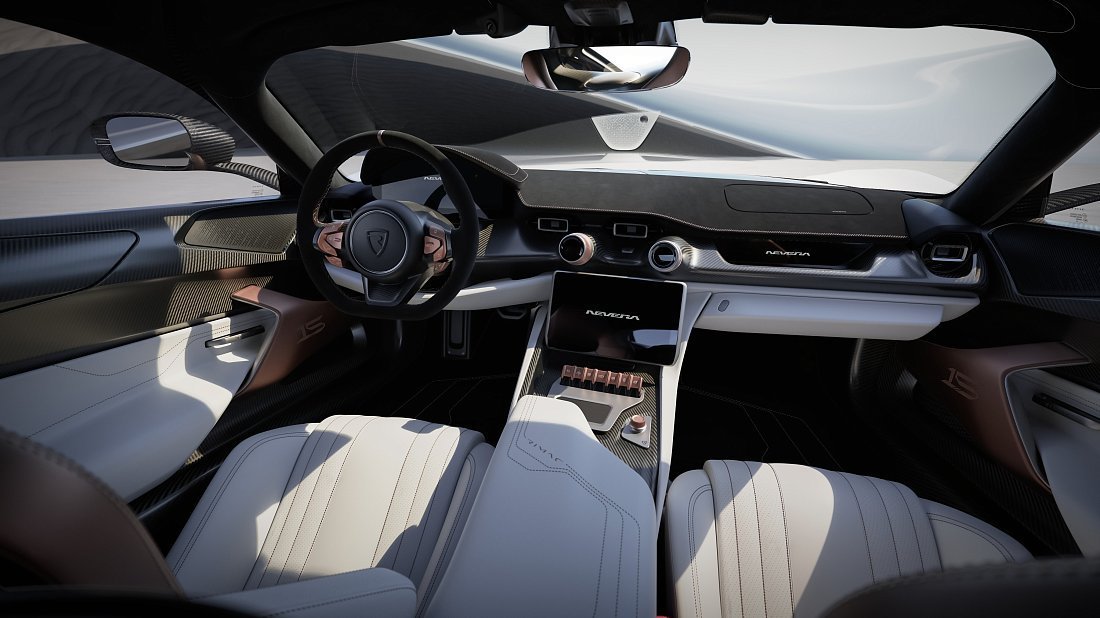 Rimac Nevera (2022-…) интерьер, переднее сиденье, водительское сиденье, приборная панель, рулевое колесо, информационно-развлекательная система, кокпит