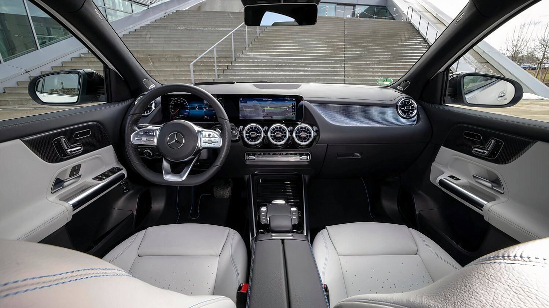 Mercedes EQA 300 4MATIC (2021-2023) интерьер, переднее сиденье, водительское сиденье, приборная панель, рулевое колесо, информационно-развлекательная система, кокпит