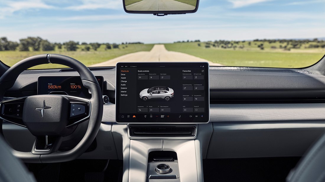 Polestar 4 Long Range Single Motor (2024-…) интерьер, переднее сиденье, водительское сиденье, приборная панель, рулевое колесо, информационно-развлекательная система, кокпит