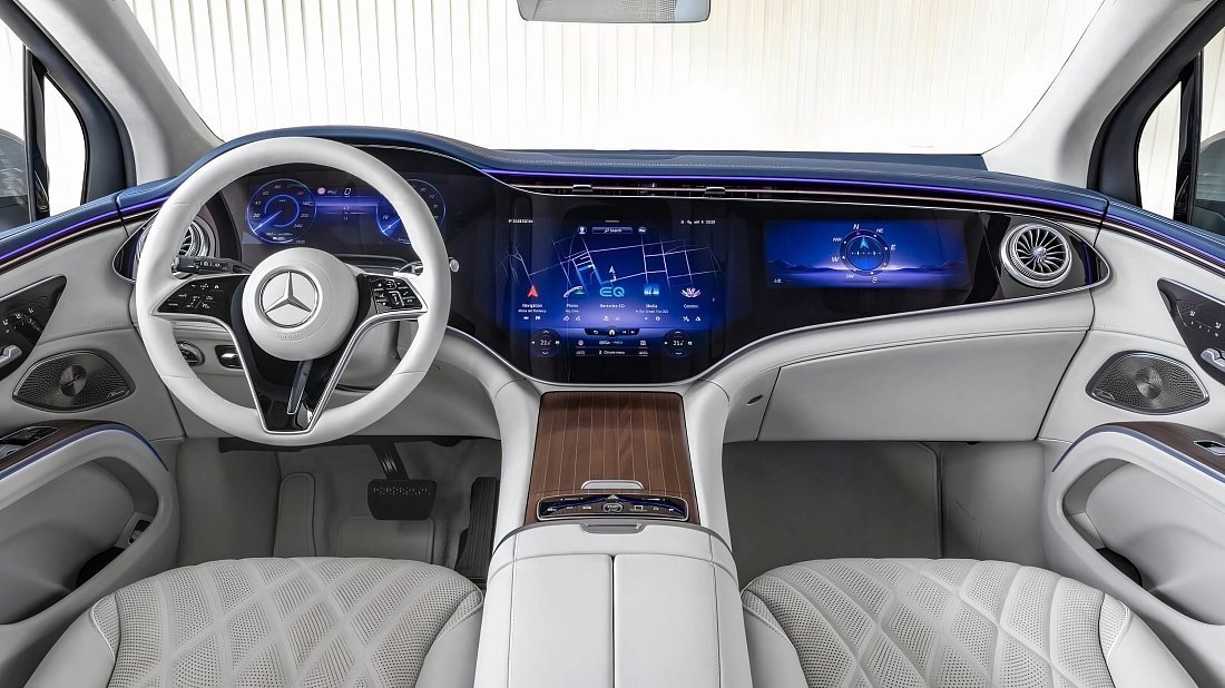 Mercedes EQS SUV 450 4MATIC (2022-2023) интерьер, переднее сиденье, водительское сиденье, приборная панель, рулевое колесо, информационно-развлекательная система, кокпит