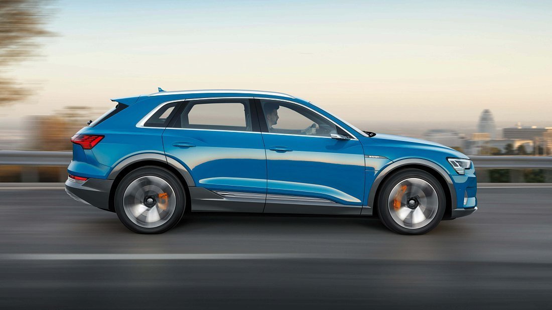 Audi e-tron 55 quattro (2019-2022) вид сбоку, силуэт, двери, колеса, экстерьер