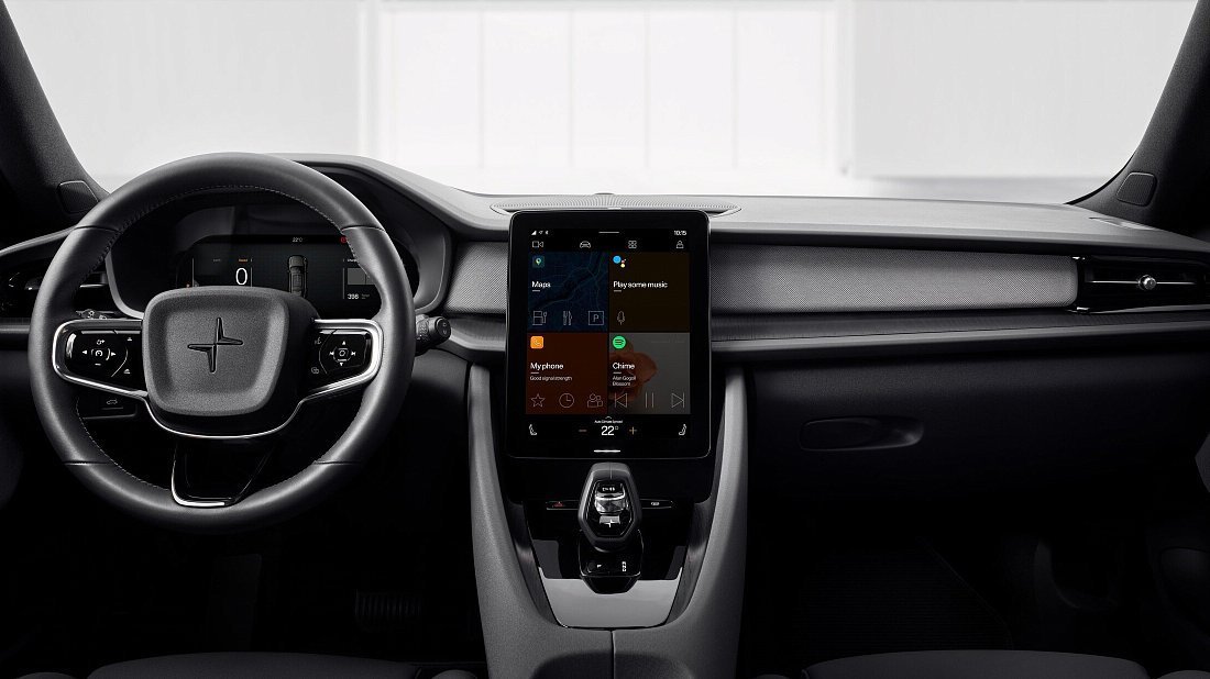 Polestar 2 Long Range Performance (2021-2023) интерьер, переднее сиденье, водительское сиденье, приборная панель, рулевое колесо, информационно-развлекательная система, кокпит