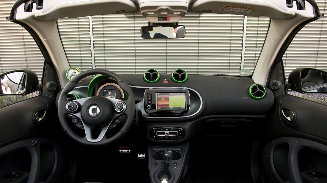 Smart EQ fortwo cabrio (2017-2019) интерьер, переднее сиденье, водительское сиденье, приборная панель, рулевое колесо, информационно-развлекательная система, кокпит