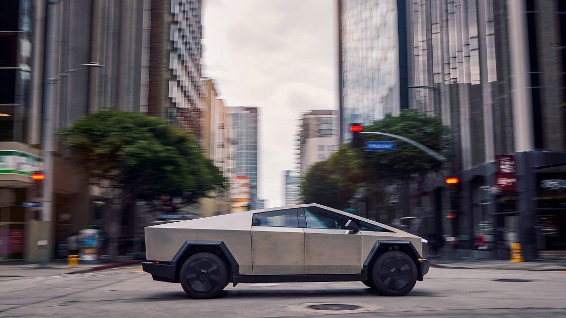 Tesla Cybertruck All-Wheel Drive (2023-…) вид сбоку, силуэт, двери, колеса, экстерьер