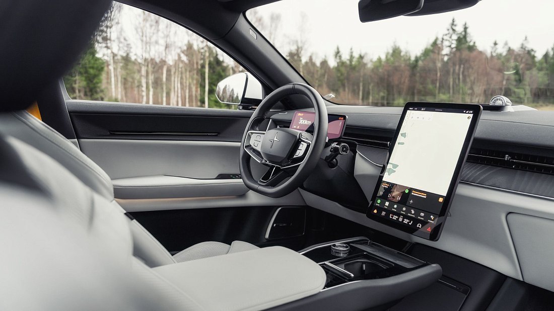 Polestar 3 Long Range Performance (2024-…) интерьер, переднее сиденье, водительское сиденье, приборная панель, рулевое колесо, информационно-развлекательная система, кокпит