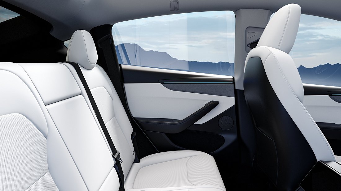 Tesla Model Y Long Range RWD (2025-...) задние сиденья, пассажирские сиденья, пространство для ног, пространство над головой, интерьер