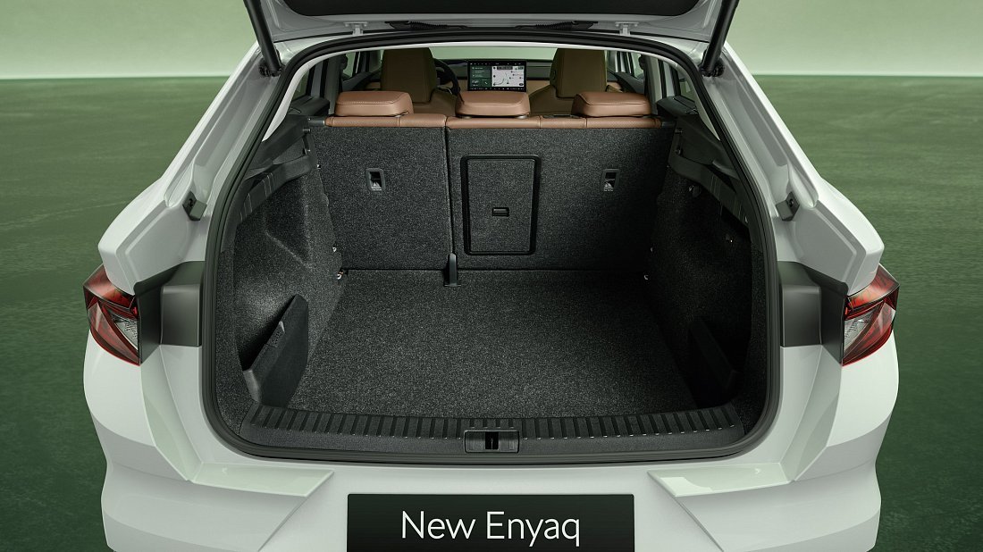Škoda Enyaq Coupe 60 (2025-...) багажник, сиденья подняты, грузовое пространство, объем багажника, вместимость багажника, место для хранения