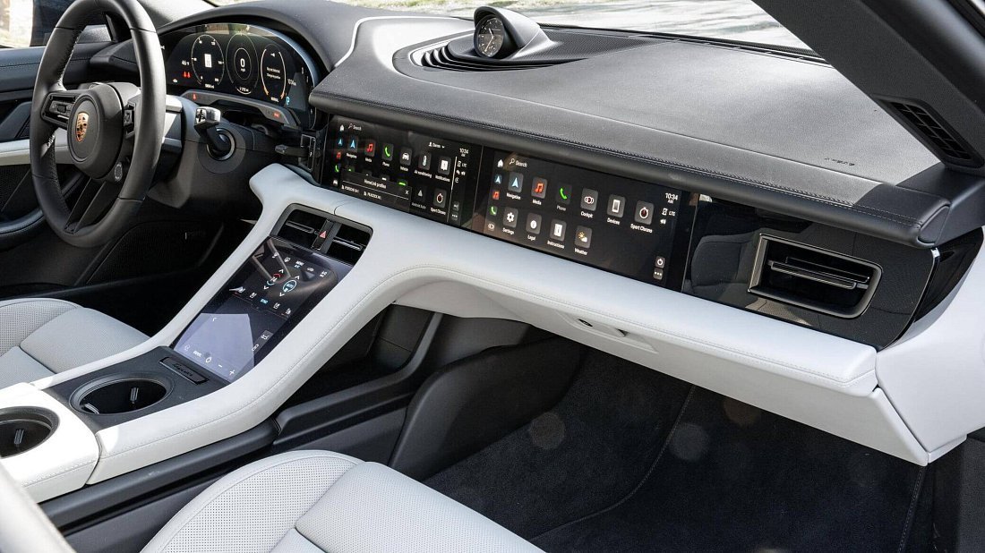 Porsche Taycan Turbo S Cross Turismo (2021-2024) интерьер, переднее сиденье, водительское сиденье, приборная панель, рулевое колесо, информационно-развлекательная система, кокпит