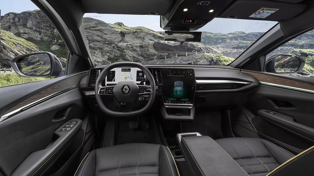 Renault Megane E-Tech EV60 130hp (2022-…) интерьер, переднее сиденье, водительское сиденье, приборная панель, рулевое колесо, информационно-развлекательная система, кокпит