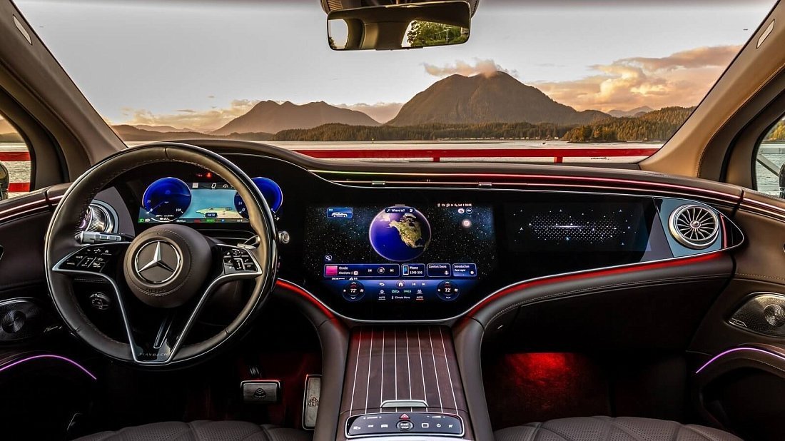Mercedes EQS SUV Maybach 680 (2024-…) интерьер, переднее сиденье, водительское сиденье, приборная панель, рулевое колесо, информационно-развлекательная система, кокпит