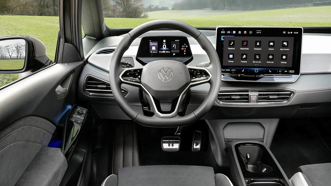 Volkswagen ID.3 Pro S (2024-…) интерьер, переднее сиденье, водительское сиденье, приборная панель, рулевое колесо, информационно-развлекательная система, кокпит
