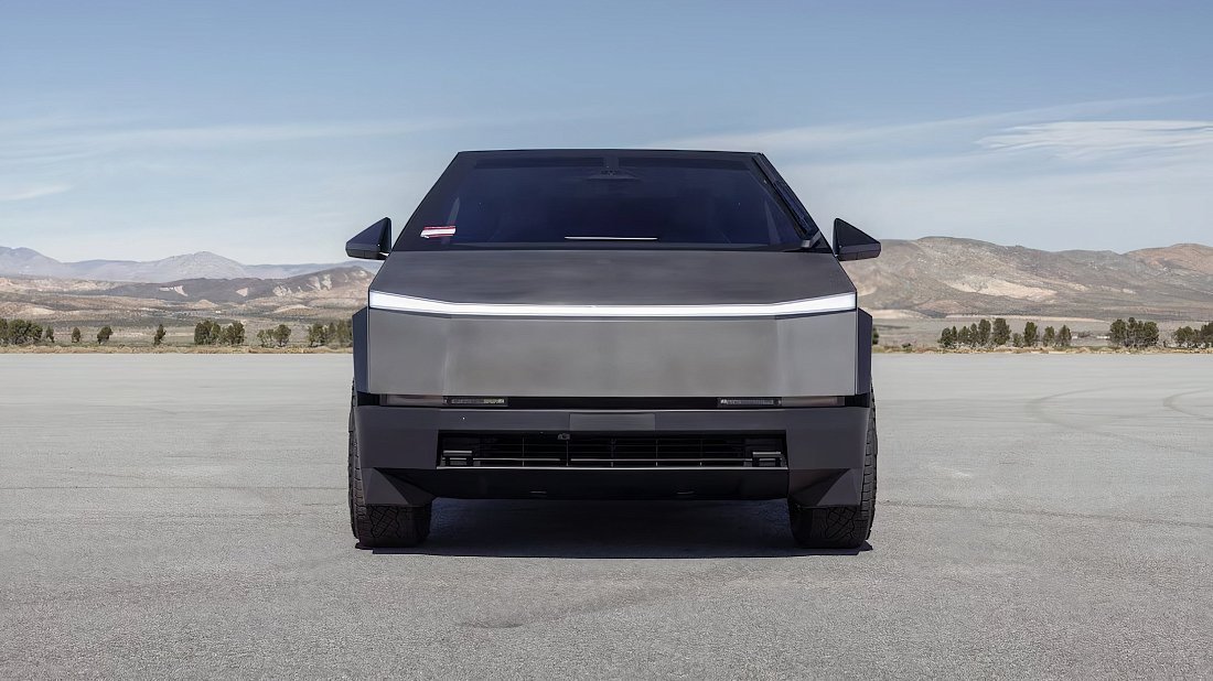 Tesla Cybertruck All-Wheel Drive (2023-…) передняя часть, решетка радиатора, фары, бампер, экстерьер