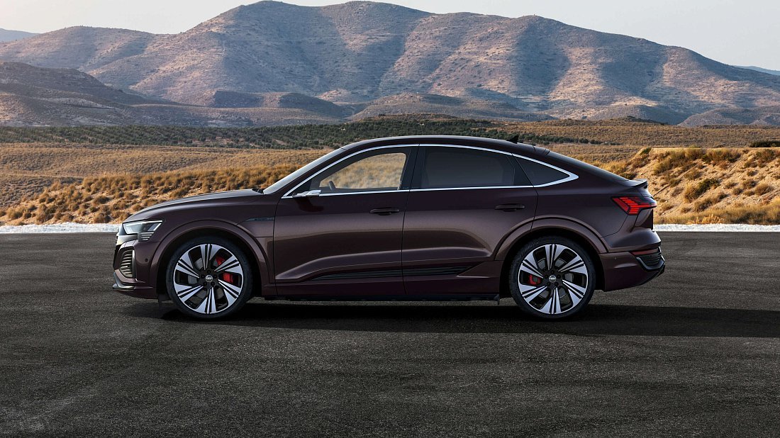 Audi Q8 Sportback e-tron 55 quattro (2022-…) вид сбоку, силуэт, двери, колеса, экстерьер
