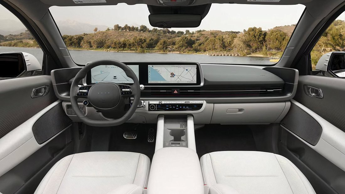Hyundai Ioniq 6 Standard Range RWD (2023-…) интерьер, переднее сиденье, водительское сиденье, приборная панель, рулевое колесо, информационно-развлекательная система, кокпит