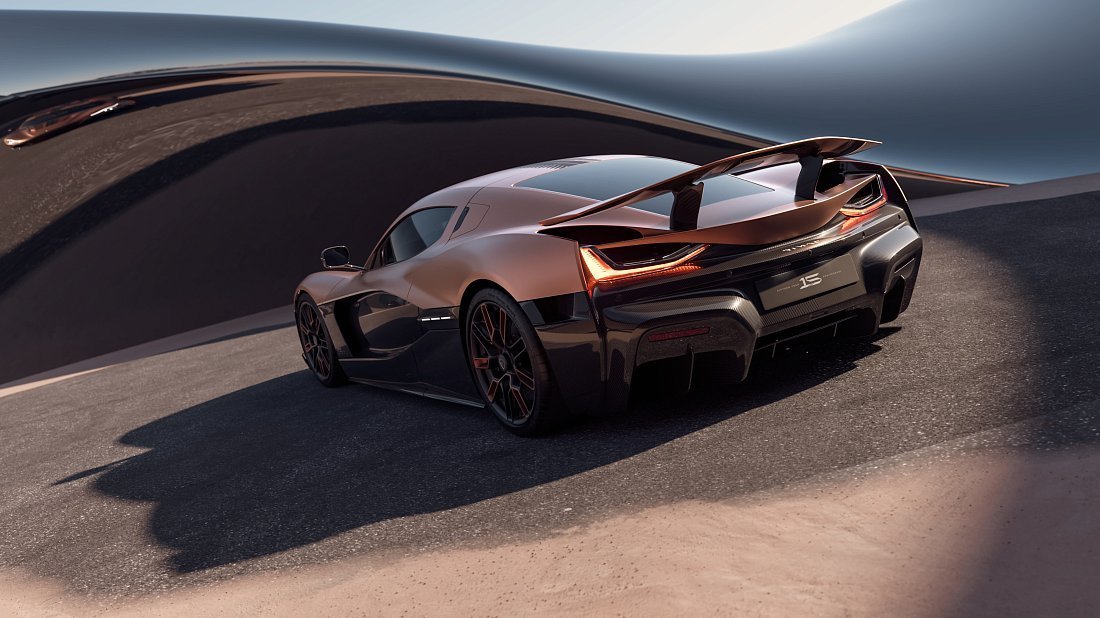 Rimac Nevera (2022-…) вид сзади, задние фонари, багажник, спойлер, эмблема, бампер, экстерьер