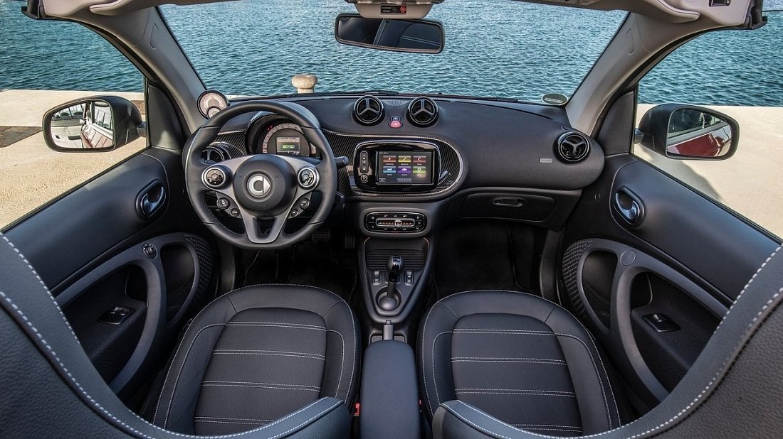 Smart EQ fortwo cabrio (2020-2023) интерьер, переднее сиденье, водительское сиденье, приборная панель, рулевое колесо, информационно-развлекательная система, кокпит