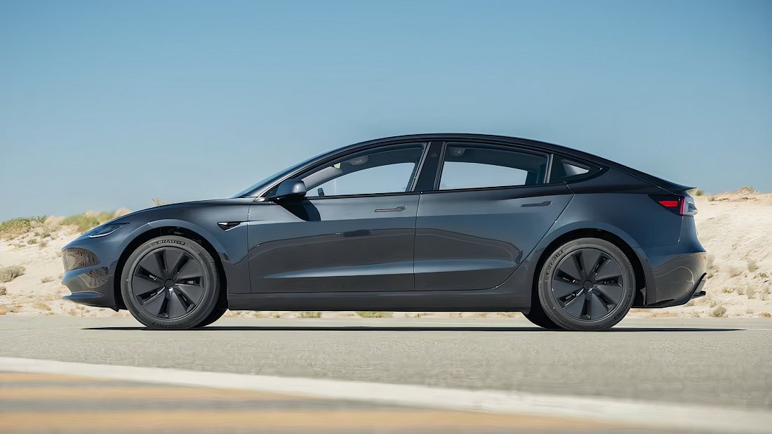 Tesla Model 3 Long Range AWD (2023-…) вид сбоку, силуэт, двери, колеса, экстерьер