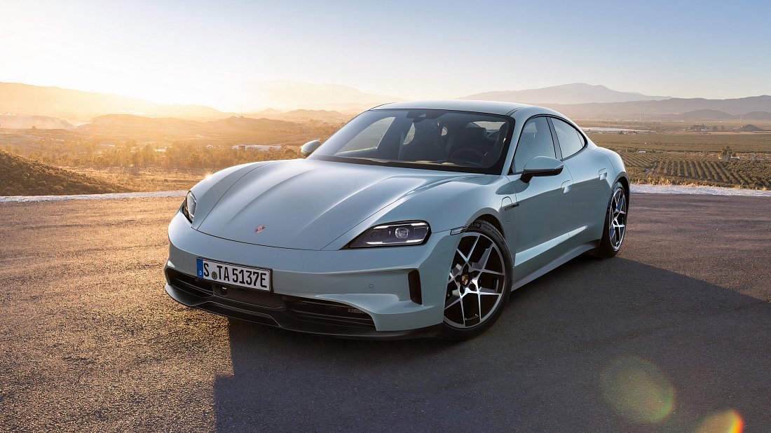 Porsche Taycan 4 (2024-…) вид спереди, спереди сбоку, по диагонали, экстерьер