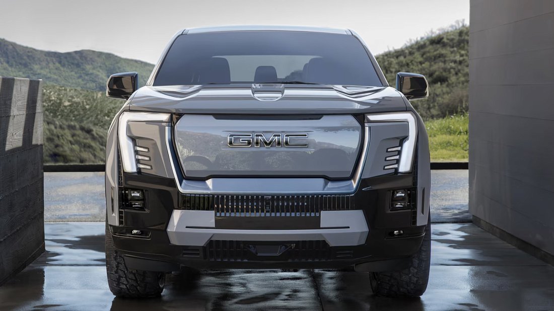 GMC Sierra EV Denali Edition 1 (2024-2025) передняя часть, решетка радиатора, фары, бампер, экстерьер
