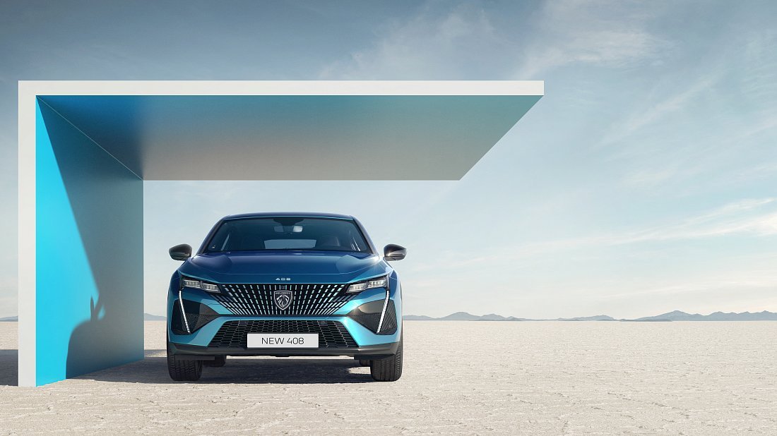 Peugeot e-408 58 kWh (2024-…) передняя часть, решетка радиатора, фары, бампер, экстерьер
