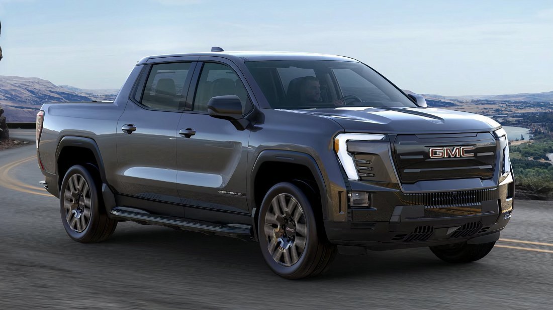 GMC Sierra EV Extended Range (2025-…) вид спереди, спереди сбоку, по диагонали, экстерьер
